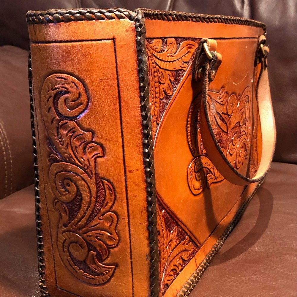 Hand tooled leather tote bag - Picture 1 of 10